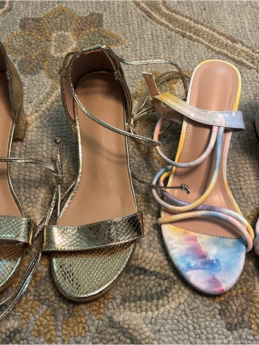 SHEIN Gold Metallic Strappy Sandals and Pastel Watercolor Slide